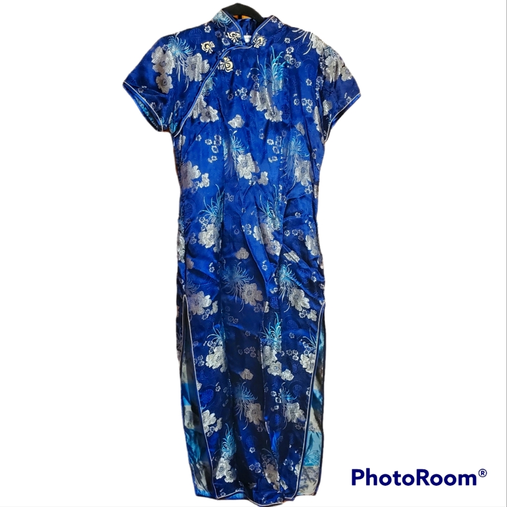 Women's WHITBY Blue Silk Asian Cheongsam Qipao Kimono Dress Size 38 EUC